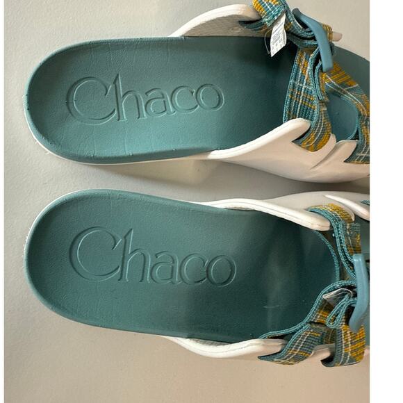 Chaco Lightweight Cushioned Kid's Slides Size K6 in Teal and White - Picture 8 of 9